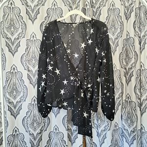 ASOS Sheer Wrap Long Sleeve Constellation Star Design Top Black & White Size 4